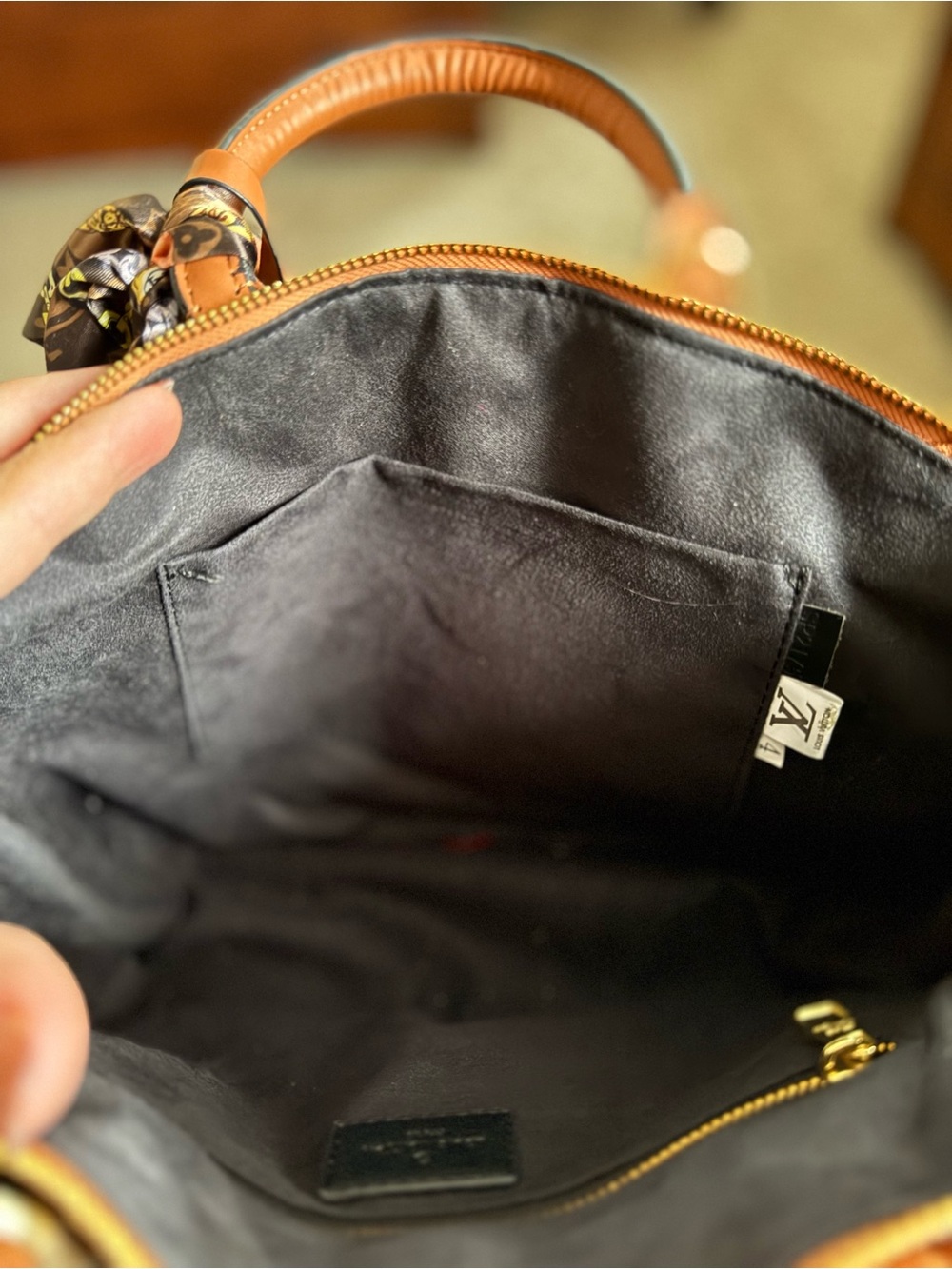 Black Embossed Leather Tote with Tan Trim - Picture 6 of 8